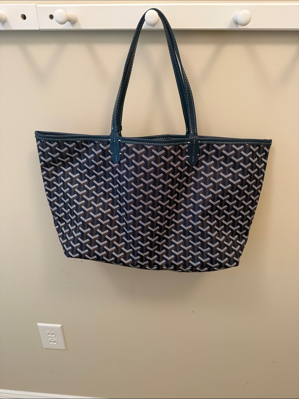 Navy and White Chevron-Patterned Canvas Tote